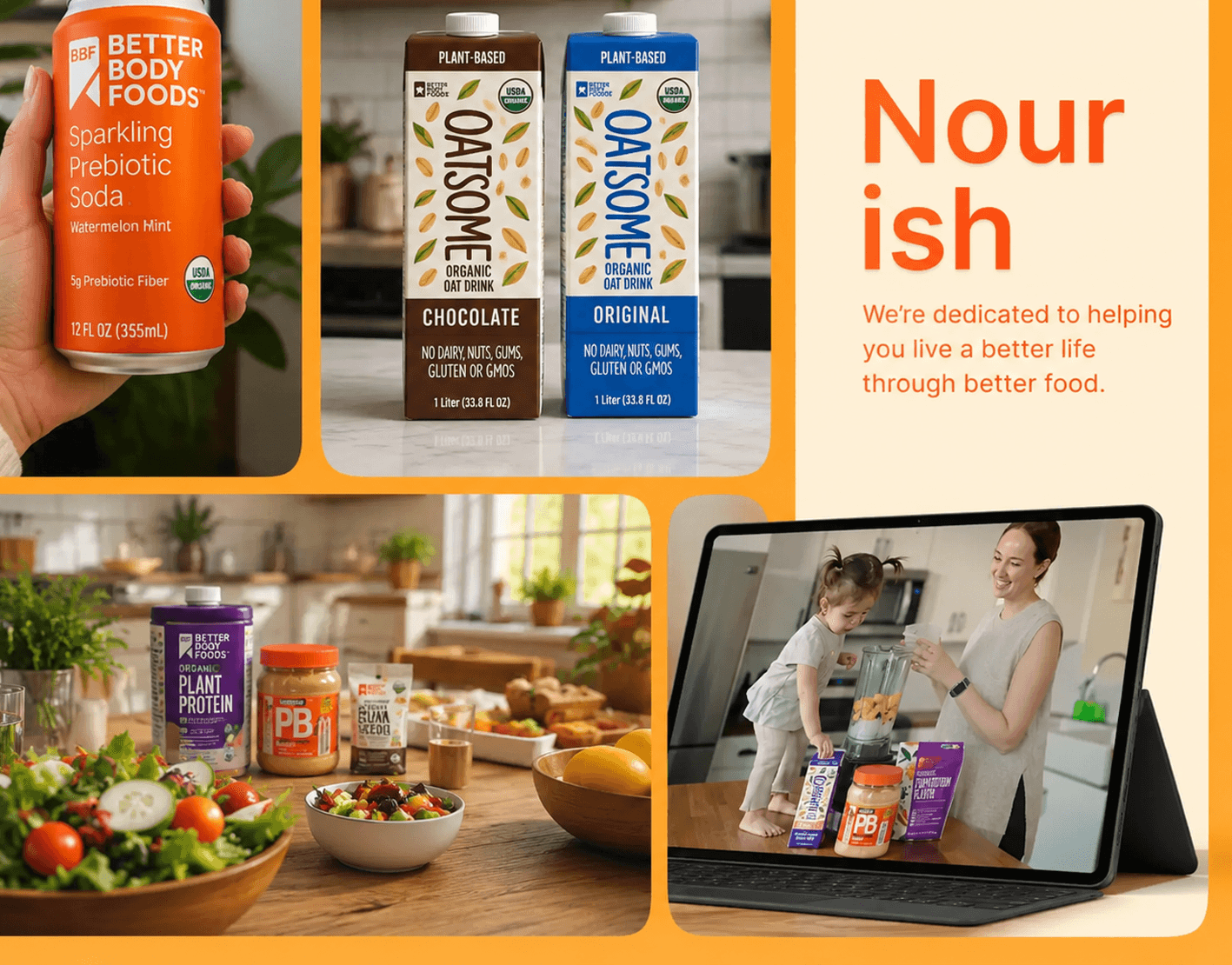 BetterBody Foods product branding and lifestyle collage
