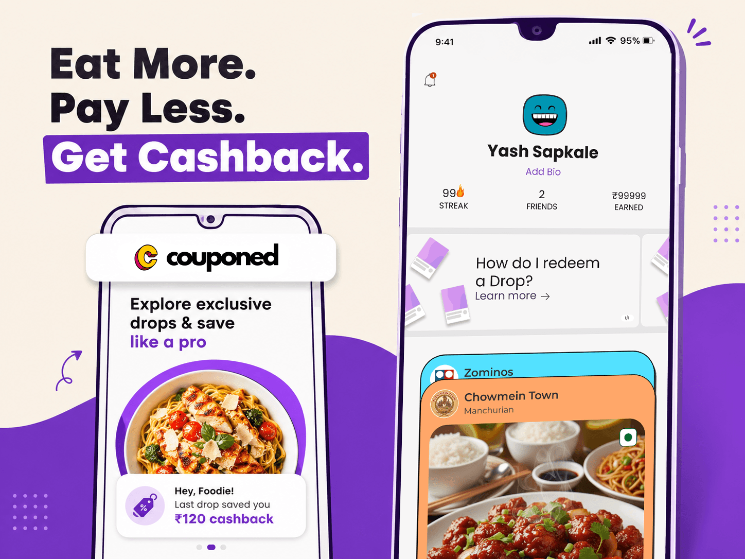 Couponed mobile app UI mockups — eat more, pay less, get cashback