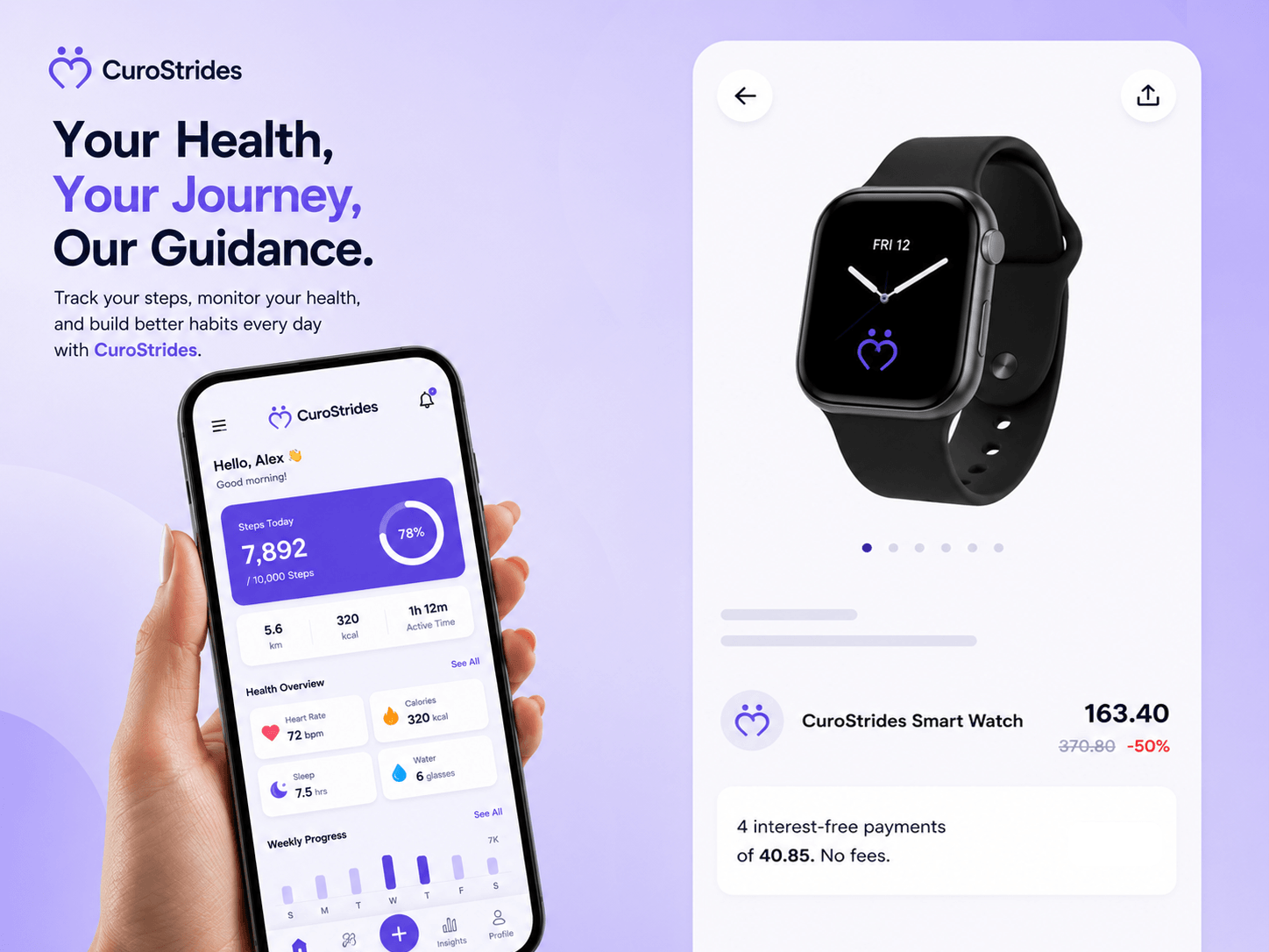 CuroStrides health app dashboard and smartwatch product UI