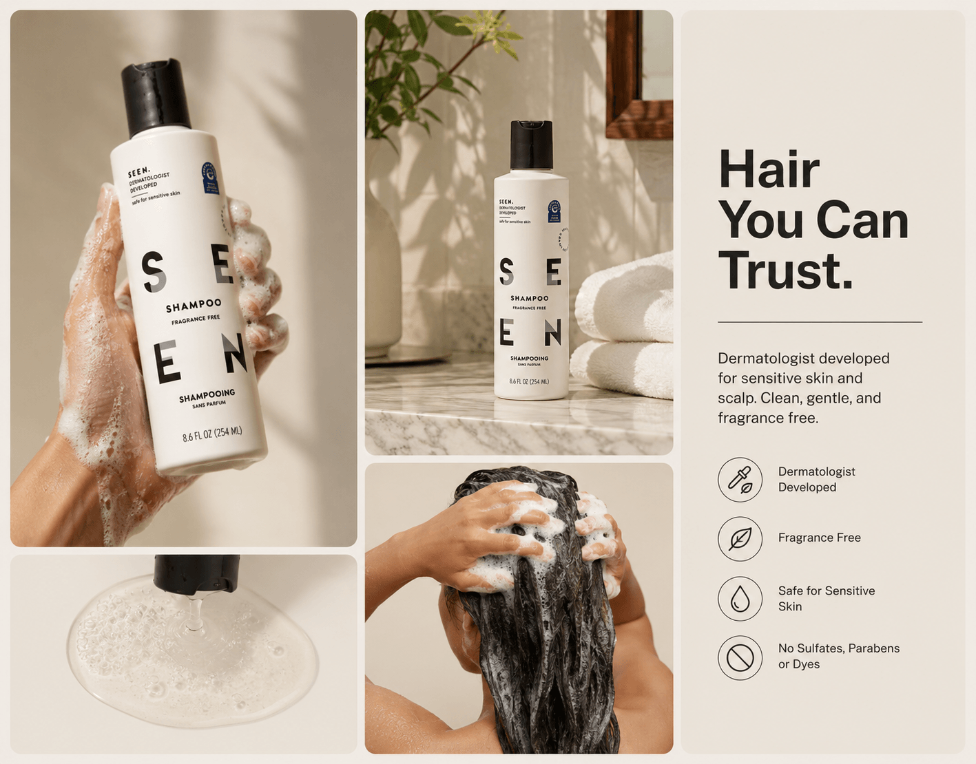Seen shampoo brand identity and product campaign collage